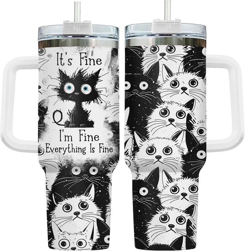34HD Funny Black Cat 40oz Tumbler with Handle and Straw, Everything Is Fine Stainless Steel Vacuum Insulated Cup, Birthday & Mothers Gifts for Pet Lovers, Him Her and Mom - Image 1
