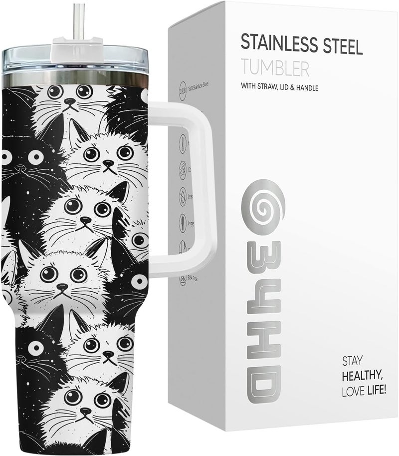 34HD Funny Black Cat 40oz Tumbler with Handle and Straw, Everything Is Fine Stainless Steel Vacuum Insulated Cup, Birthday & Mothers Gifts for Pet Lovers, Him Her and Mom - Image 3