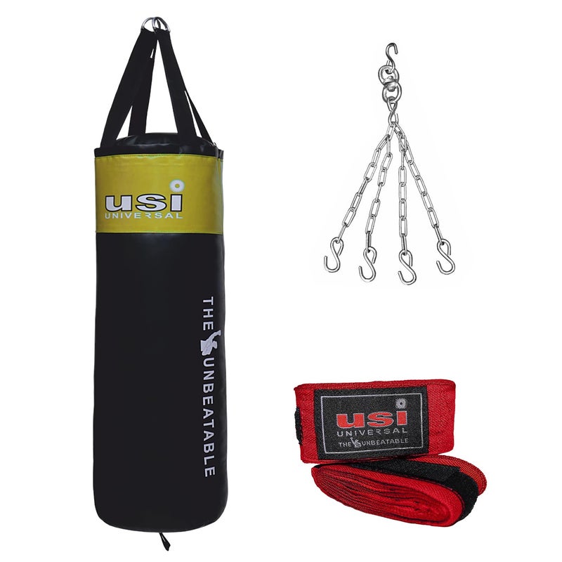 USI UNIVERSAL Boxing Kit for Adults, Boxing Set with 626N 60cm/2 Feet Unfilled Punching Bag, 626SW4 Metal Hanging Chain with 4 Legs & 628A 2.75m Long 1 Pair Boxing Hand Wraps (Black/Yellow) - Image 1