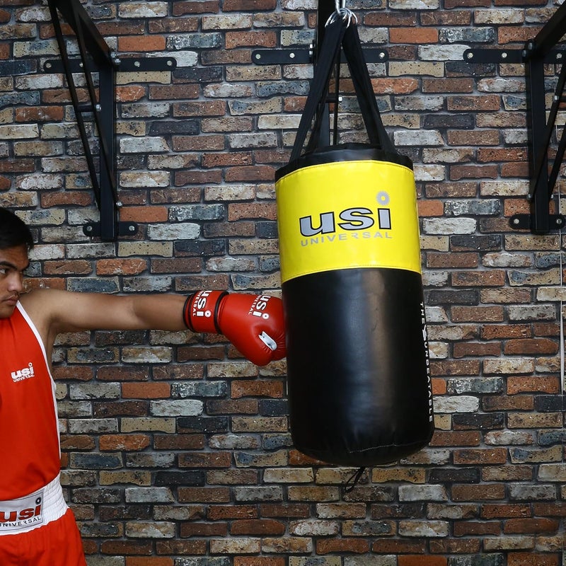 USI UNIVERSAL Boxing Kit for Adults, Boxing Set with 626N 60cm/2 Feet Unfilled Punching Bag, 626SW4 Metal Hanging Chain with 4 Legs & 628A 2.75m Long 1 Pair Boxing Hand Wraps (Black/Yellow) - Image 2