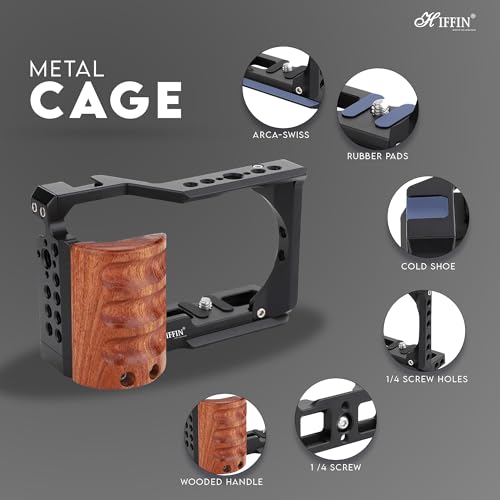 HIFFIN Upgrade Metal Cage with Wood Handle for Sony Alpha ZV-E10 Video Shooting Accessories, Cold Shoe Mic/Light Extension Video Cage Vlogging Camera Kit - Image 2
