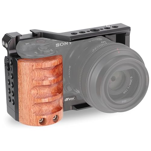 HIFFIN Upgrade Metal Cage with Wood Handle for Sony Alpha ZV-E10 Video Shooting Accessories, Cold Shoe Mic/Light Extension Video Cage Vlogging Camera Kit - Image 1