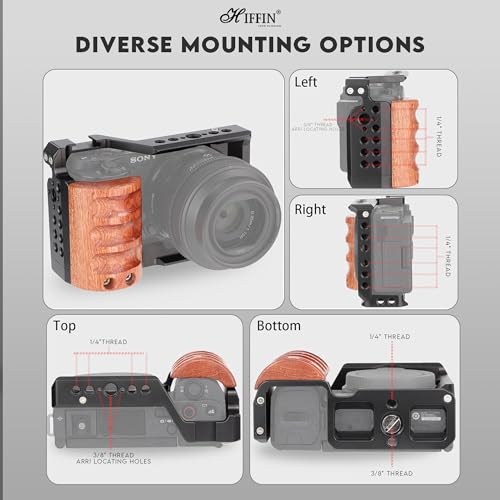 HIFFIN Upgrade Metal Cage with Wood Handle for Sony Alpha ZV-E10 Video Shooting Accessories, Cold Shoe Mic/Light Extension Video Cage Vlogging Camera Kit - Image 3
