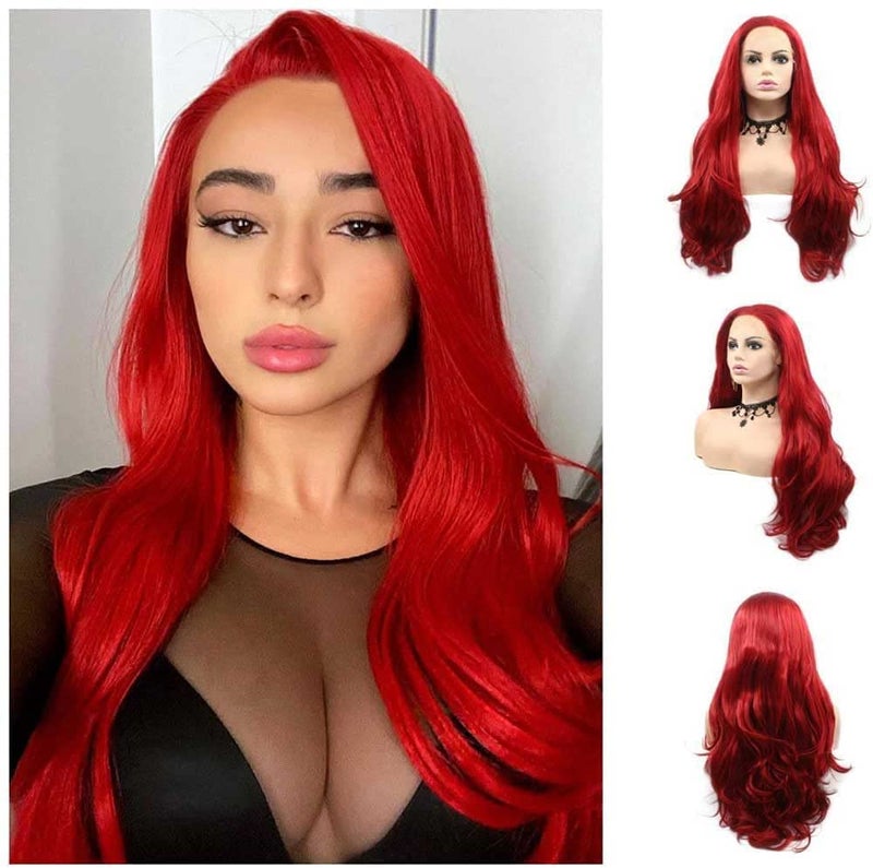 Melody Wig Melody Synthetic Lace Front Red Wigs Long Body Wave Hair Heat Resistant Fiber Hair Wigs For Women Cosplay Part Wigs High Density 24Inches Red color - Image 1