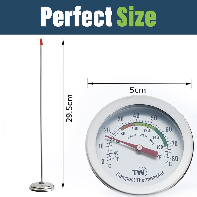 Thermometer World مقياس حرارة السماد من الفولاذ المقاوم للصدأ، مقاس 50 مم، شاشة عرض بالدرجات مئوية وفهرنهايت (C&F)، مستشعر حرارة، ومساعد في تسريع عملية تحلل السماد (295 مم). - Image 5