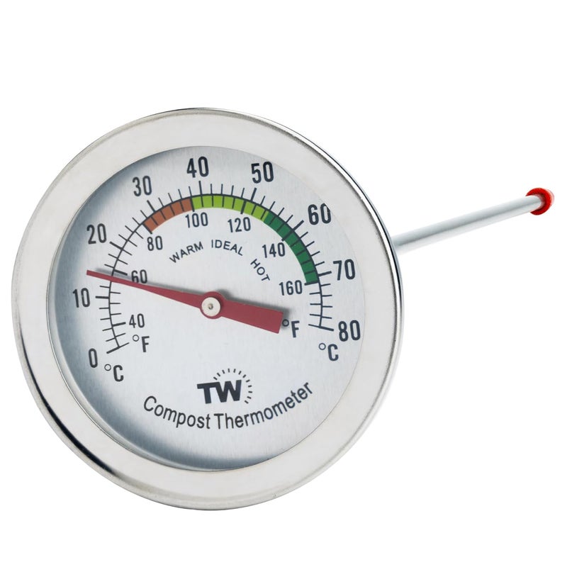 Thermometer World مقياس حرارة السماد من الفولاذ المقاوم للصدأ، مقاس 50 مم، شاشة عرض بالدرجات مئوية وفهرنهايت (C&F)، مستشعر حرارة، ومساعد في تسريع عملية تحلل السماد (295 مم). - Image 1
