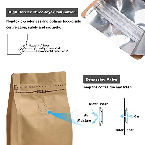 EverPack 50 Pieces 8 Ounce Kraft Paper Stand Up Coffee Bag/Flat Bottom Pouch with Air Release Valve and Reusable Side Zipper. (50pcs, ½lb/8oz) - Image 3