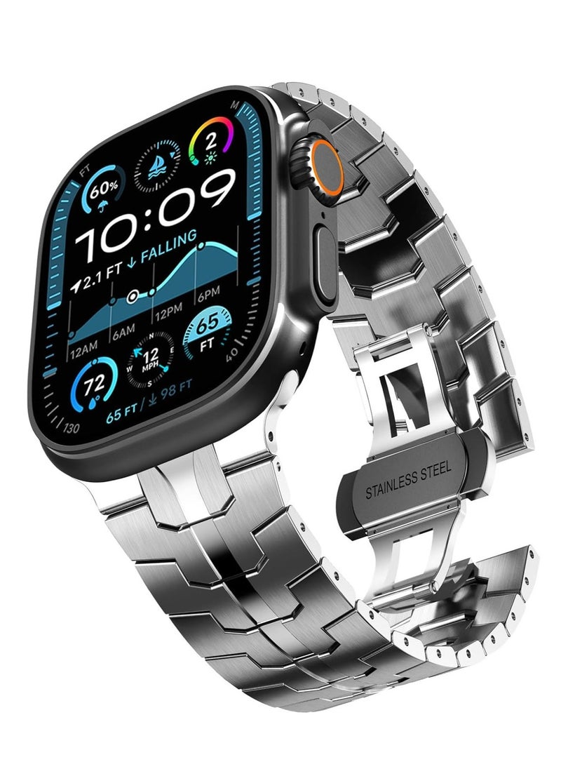 ELTRAZONE Stainless Steel Strap for iWatch 49mm 46mm 45mm 44mm 42mm – Silver Replacement Band for Apple Watch Ultra 3 | Ultra 2 | Ultra | Series 10 9 8 7 SE 6 5 4 3 2 1 – Durable, Adjustable, and Elegant Design - Image 1