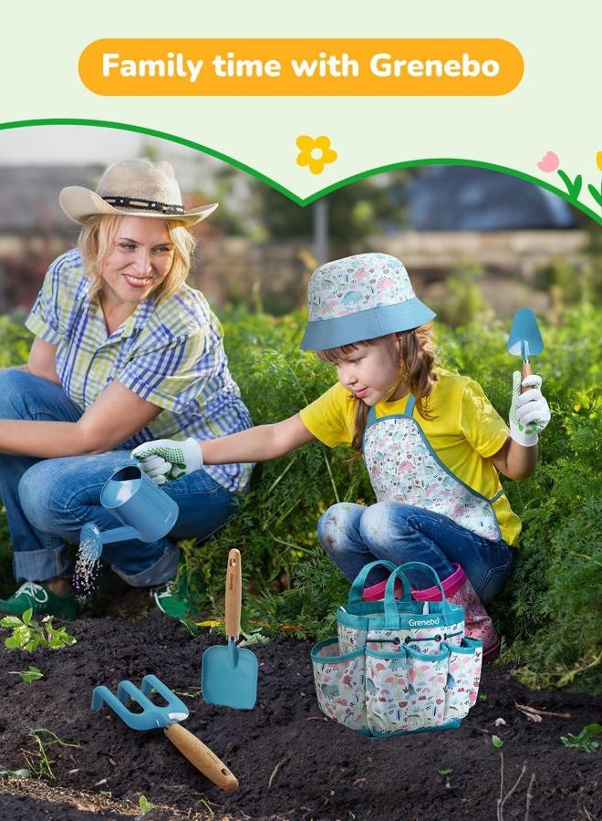 Grenebo Kids Garden Toy - Includes Metal Trowel, Plant Shovel, Garden Hat, Rake, Apron, Gloves, Watering Can and Tool Bag (Blue) - Image 5