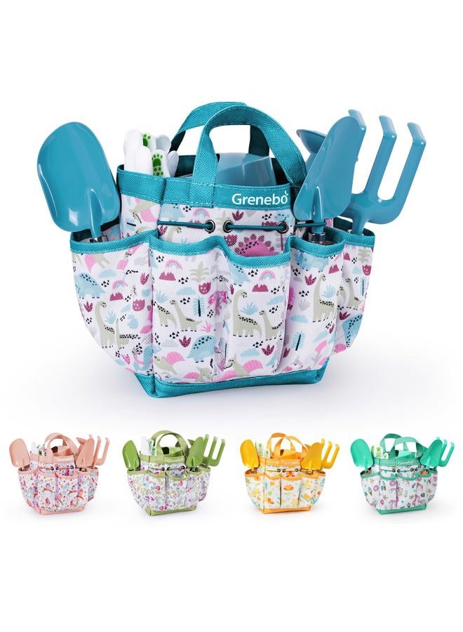 Grenebo Kids Garden Toy - Includes Metal Trowel, Plant Shovel, Garden Hat, Rake, Apron, Gloves, Watering Can and Tool Bag (Blue) - Image 1