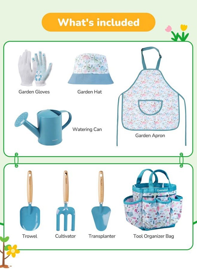 Grenebo Kids Garden Toy - Includes Metal Trowel, Plant Shovel, Garden Hat, Rake, Apron, Gloves, Watering Can and Tool Bag (Blue) - Image 2