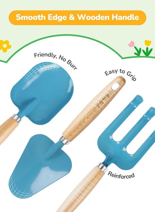 Grenebo Kids Garden Toy - Includes Metal Trowel, Plant Shovel, Garden Hat, Rake, Apron, Gloves, Watering Can and Tool Bag (Blue) - Image 3