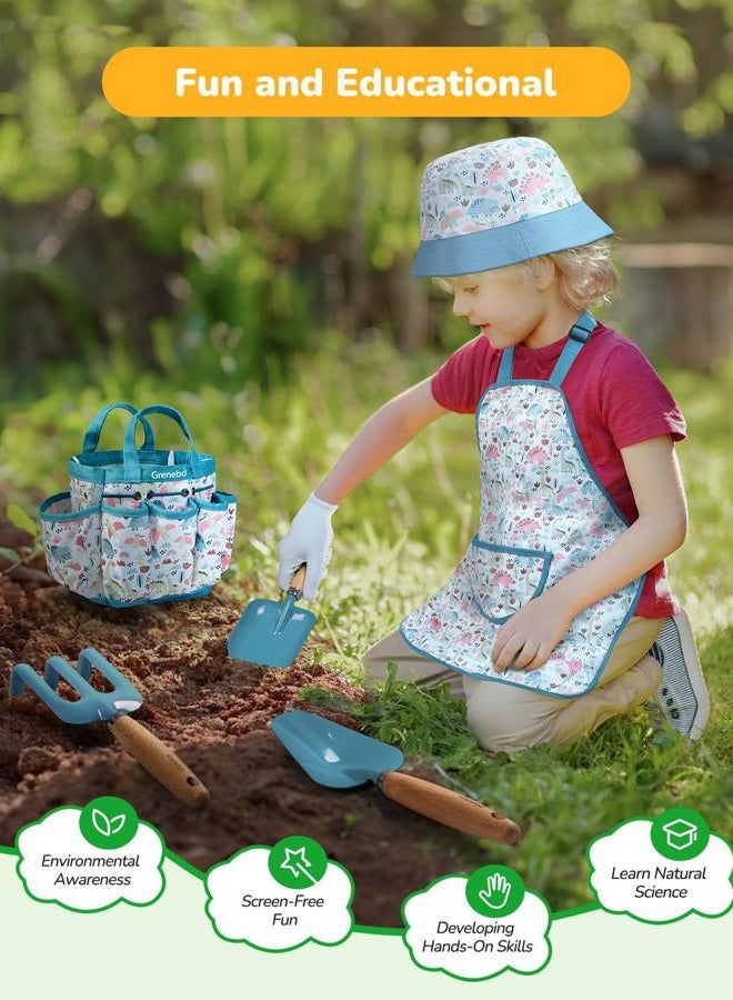 Grenebo Kids Garden Toy - Includes Metal Trowel, Plant Shovel, Garden Hat, Rake, Apron, Gloves, Watering Can and Tool Bag (Blue) - Image 4