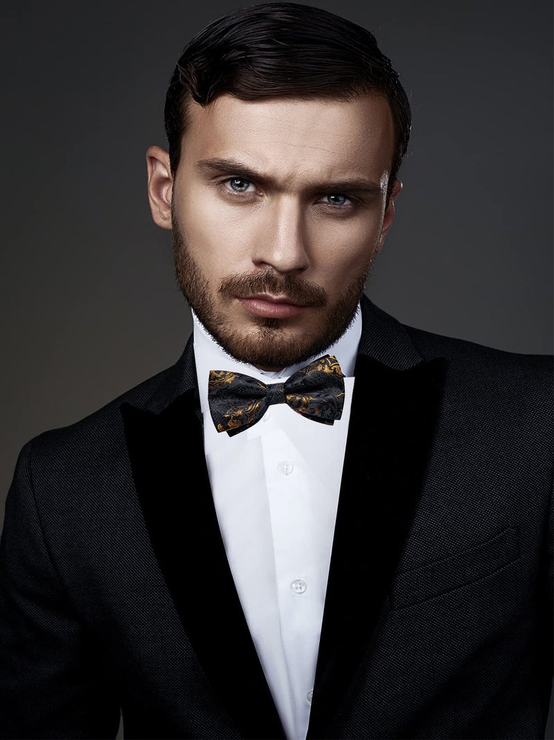 DiBanGu Men's Adjustable Black Gold Copper Bow Tie and Handkerchief Cufflinks Set Silk Floral Jacquard Pretied Bow Tie Set Prom - Image 3