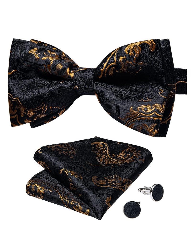 DiBanGu Men's Adjustable Black Gold Copper Bow Tie and Handkerchief Cufflinks Set Silk Floral Jacquard Pretied Bow Tie Set Prom - Image 1