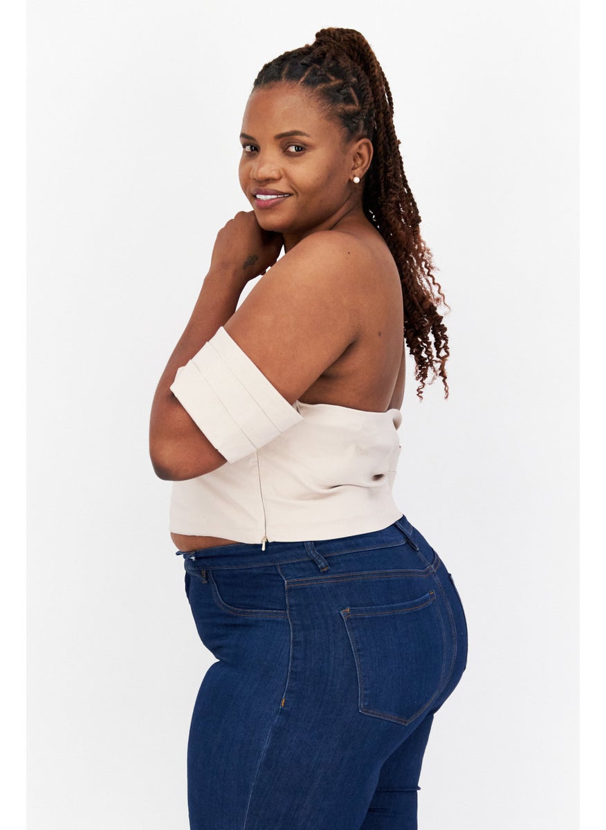 Vesper Women Plus Size Off Shoulder Short Sleeves Textured Crop Top, Beige  - Image 3