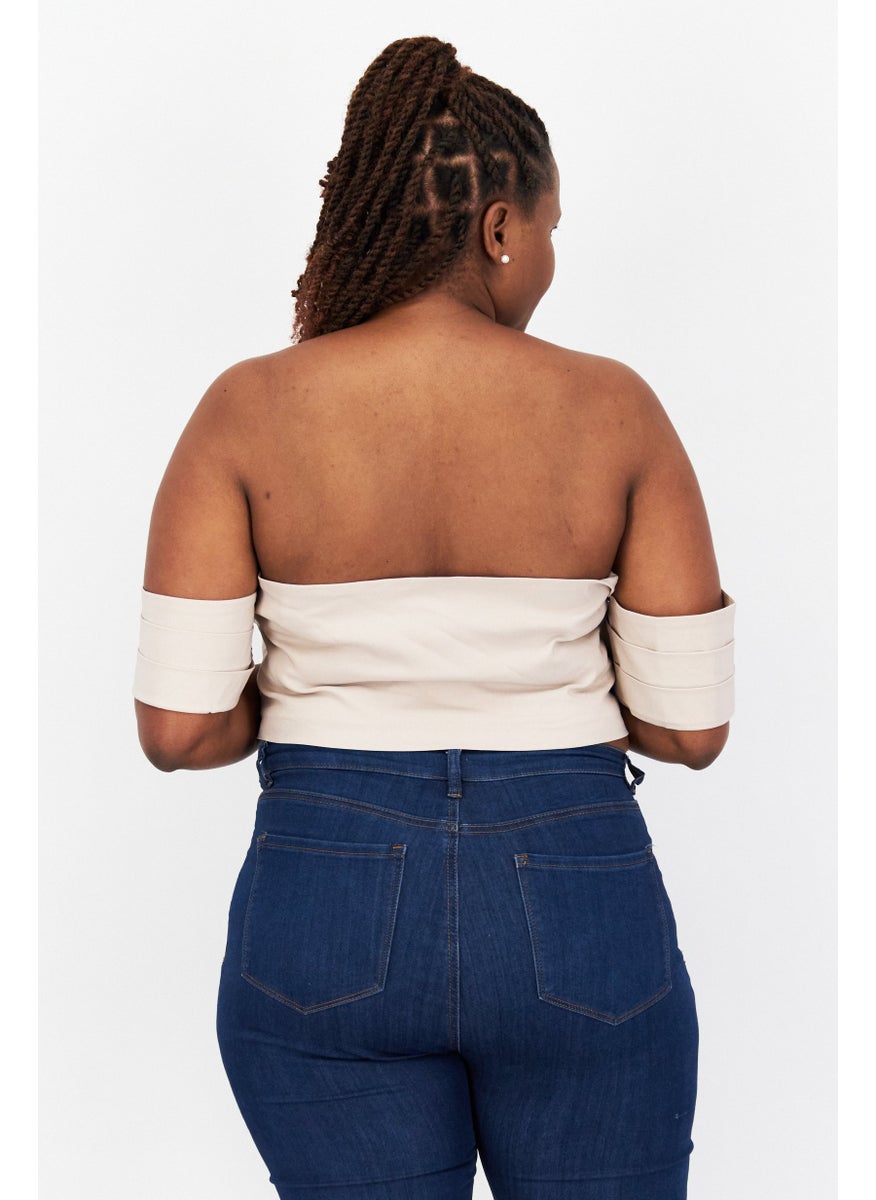 Vesper Women Plus Size Off Shoulder Short Sleeves Textured Crop Top, Beige  - Image 4