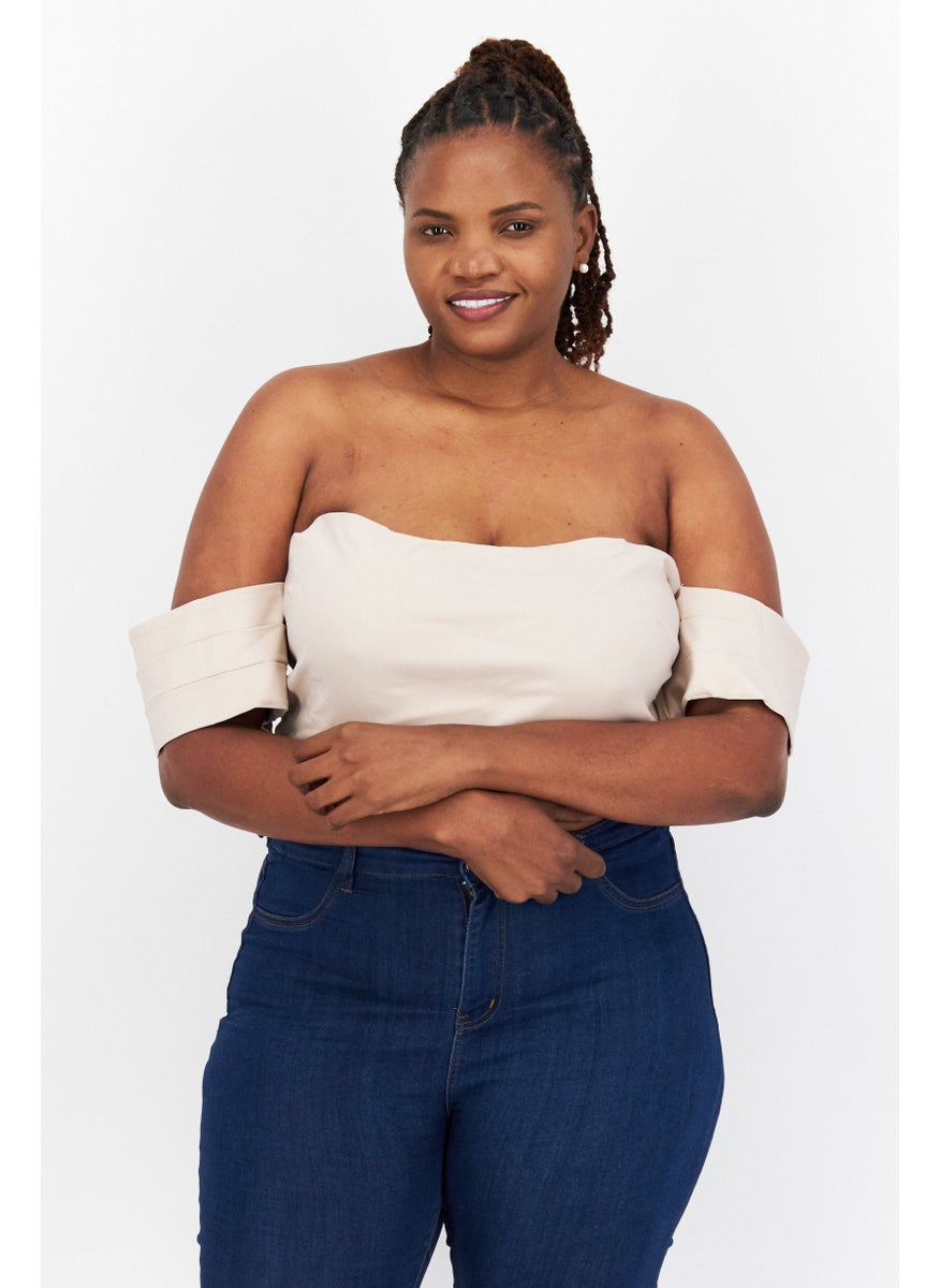 Vesper Women Plus Size Off Shoulder Short Sleeves Textured Crop Top, Beige  - Image 1