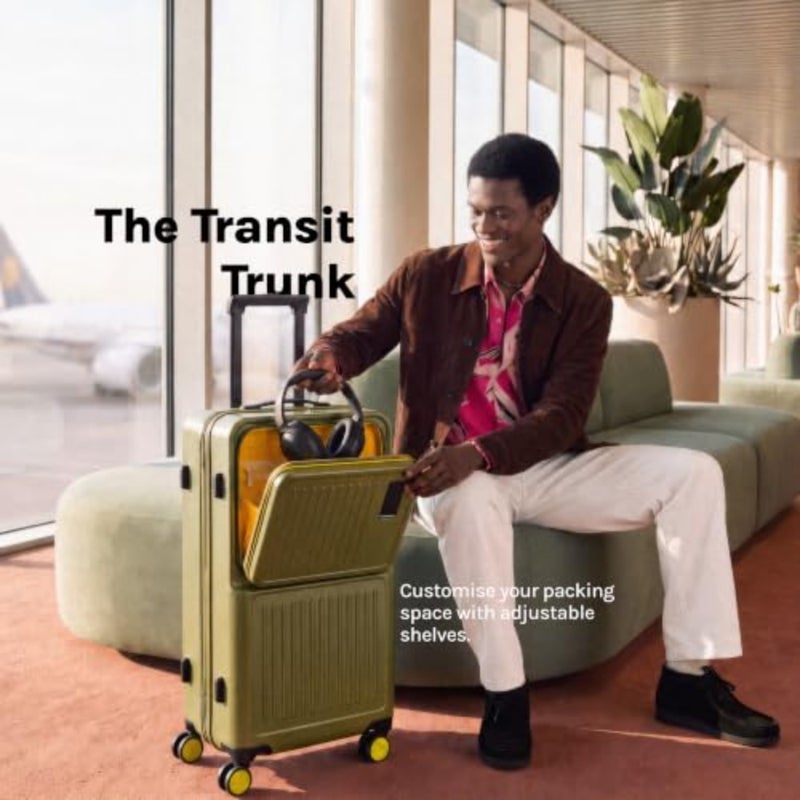 Travel suitcase for airport and business trips, polycarbonate shell, green and yellow, expandable capacity with 8 spinner wheels and TSA lock - Image 2
