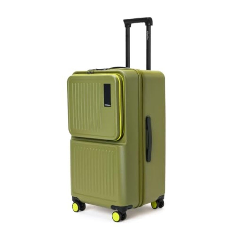 Travel suitcase for airport and business trips, polycarbonate shell, green and yellow, expandable capacity with 8 spinner wheels and TSA lock - Image 1