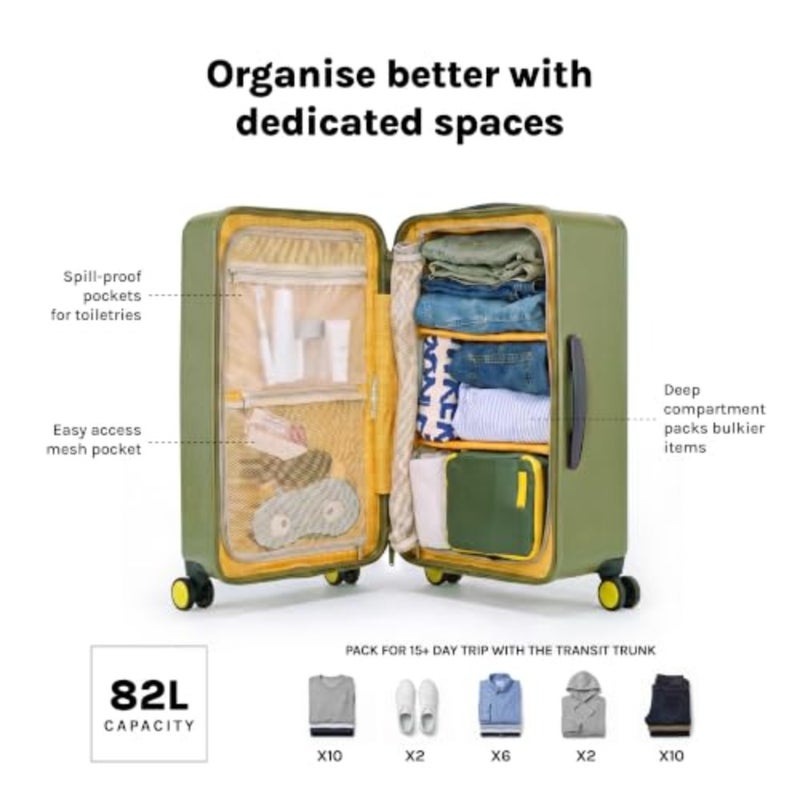 Travel suitcase for airport and business trips, polycarbonate shell, green and yellow, expandable capacity with 8 spinner wheels and TSA lock - Image 5