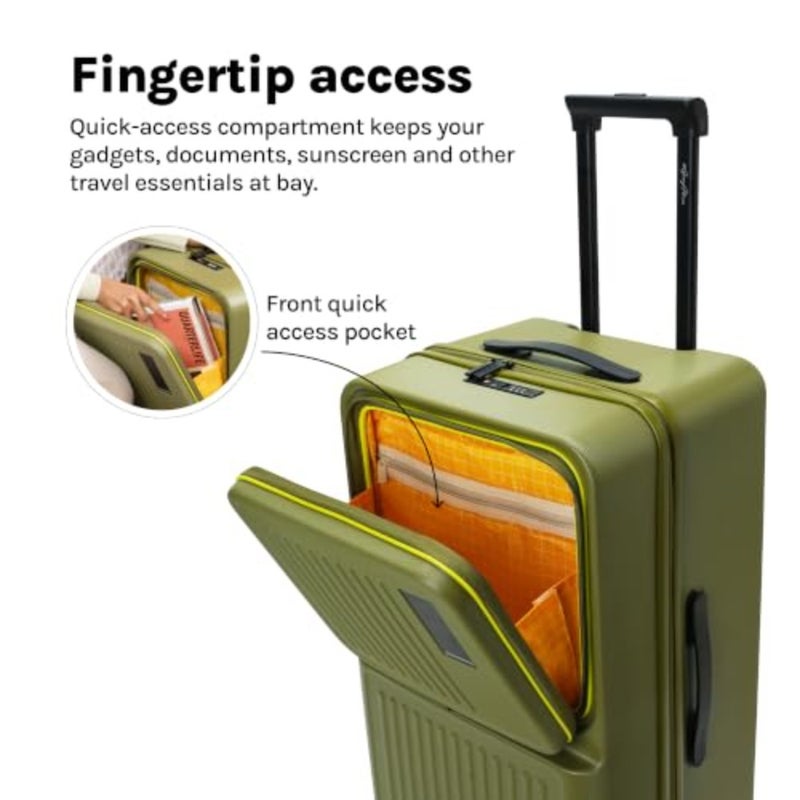 Travel suitcase for airport and business trips, polycarbonate shell, green and yellow, expandable capacity with 8 spinner wheels and TSA lock - Image 4