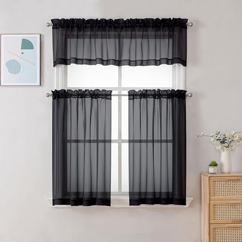 Chyhomenyc Sheer Curtains 36 Inch Length, Short Voile Sheer Window Curtians for Small Window Bathroom Cafe Living Room Farmhouse, 2PCS, 42W x 36L inches, Rod Pocket, Black - Image 2
