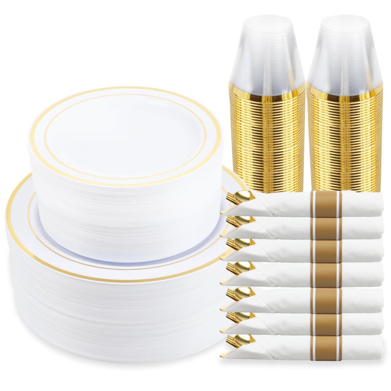 M MCIRCO 350 Piece Gold Dinnerware Set,100 Plastic Plates, 50 Cups,50 Pre Rolled Napkins with Plastic Silverware, Disposable Gold Dinnerware Set for 50 Guest - Image 1