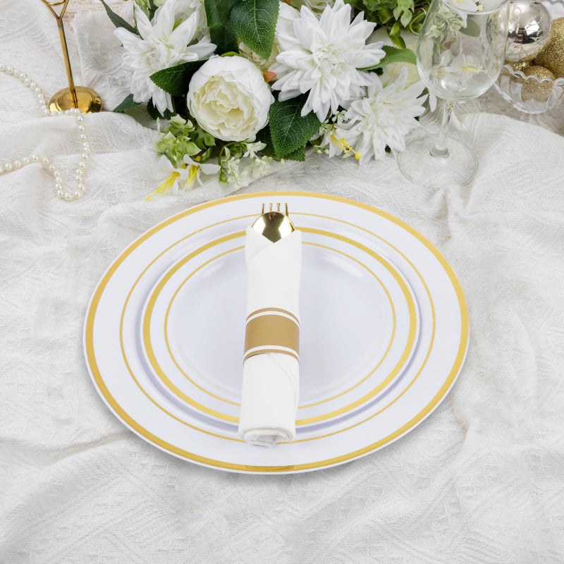 M MCIRCO 350 Piece Gold Dinnerware Set,100 Plastic Plates, 50 Cups,50 Pre Rolled Napkins with Plastic Silverware, Disposable Gold Dinnerware Set for 50 Guest - Image 5