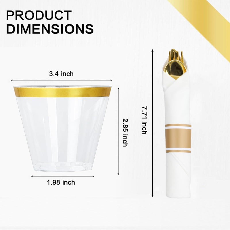 M MCIRCO 350 Piece Gold Dinnerware Set,100 Plastic Plates, 50 Cups,50 Pre Rolled Napkins with Plastic Silverware, Disposable Gold Dinnerware Set for 50 Guest - Image 3