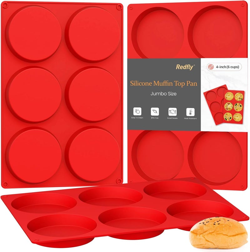 Redfly Silicone Egg Molds for Breakfast Sandwiches 3 Pcs, Non Stick 4 Inch Egg Bites Baking Pans, Jumbo Silicone Muffin Pans for Baking, Round Muffin Top Pan for Whoopie Pie Pan, Hamburger, Fruit Tart - Image 1