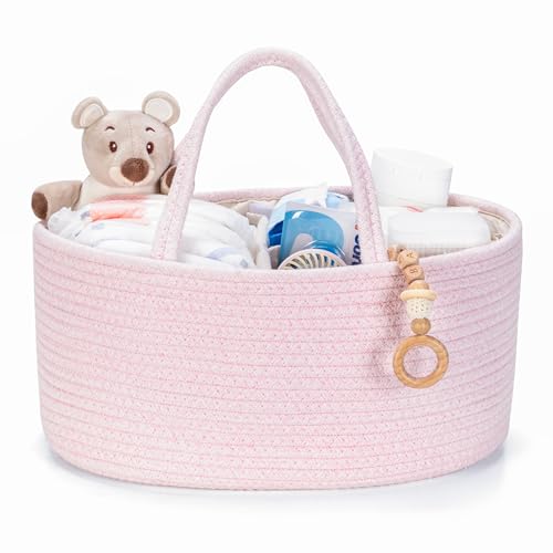 Kodomoore Diaper Caddy Organizer Empty Gift Basket for Newborn Essentials Baby Storage Basket Stylish Gift Bag for Baby Shower Boys and Girls Small Light Pink - Image 1