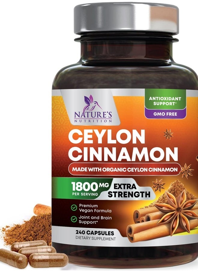 Nature's Nutrition - Pure Cinnamon Capsules, Certified Organic Ceylon Cinnamon Pills, Non-GMO, Gluten-Free, Dairy-Free, Sri Lanka Cinnamon Powder Supplement, Best Vegan True Cinnamomum Vitamins, Sugar Free - 240 Capsules - Image 1