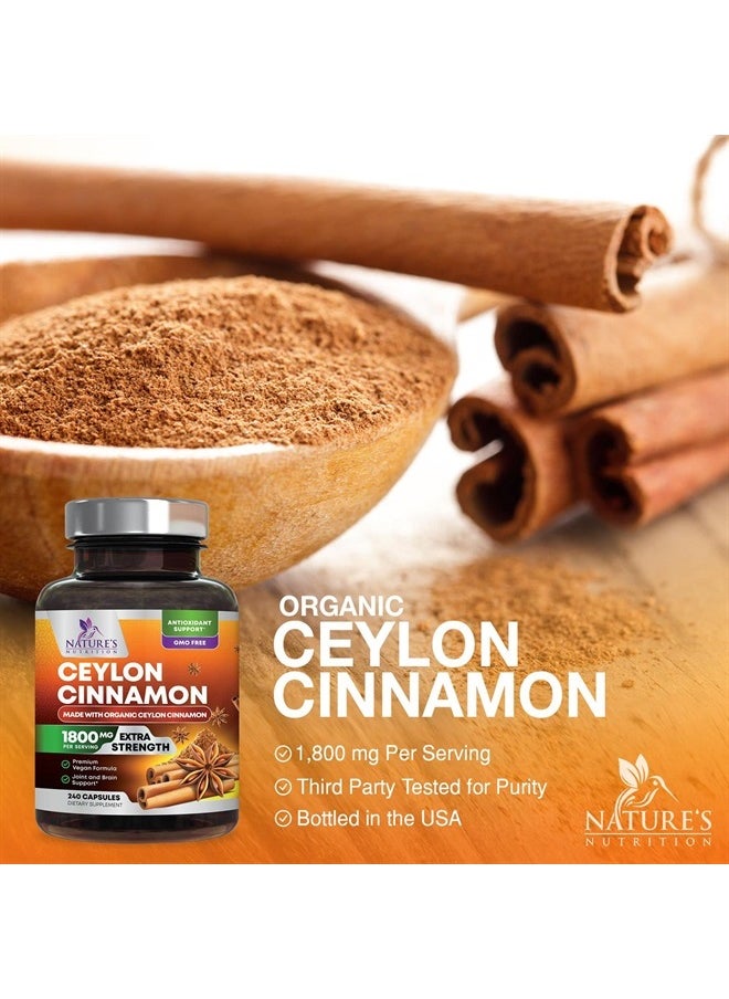 Nature's Nutrition - Pure Cinnamon Capsules, Certified Organic Ceylon Cinnamon Pills, Non-GMO, Gluten-Free, Dairy-Free, Sri Lanka Cinnamon Powder Supplement, Best Vegan True Cinnamomum Vitamins, Sugar Free - 240 Capsules - Image 1