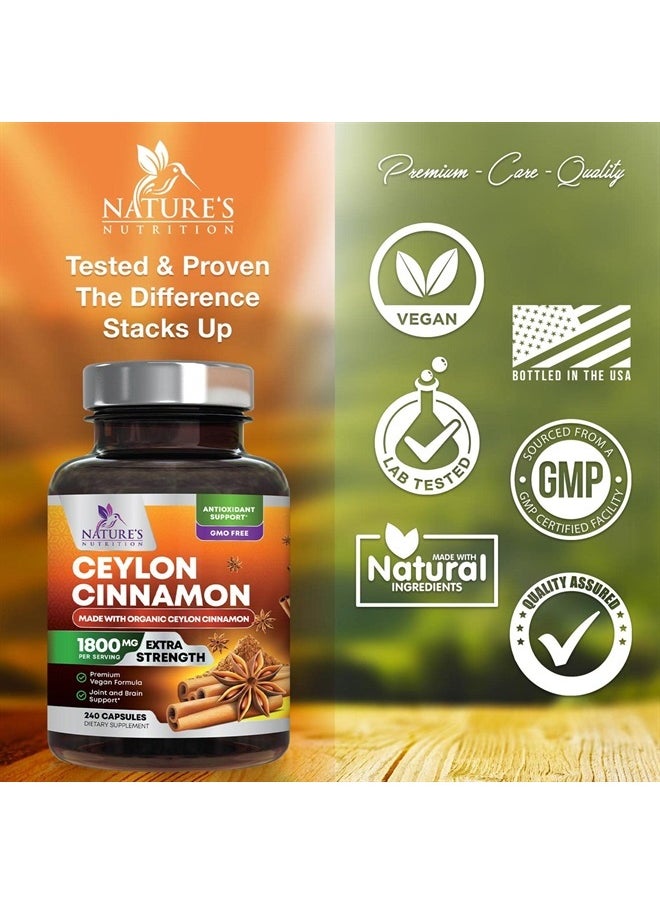Nature's Nutrition - Pure Cinnamon Capsules, Certified Organic Ceylon Cinnamon Pills, Non-GMO, Gluten-Free, Dairy-Free, Sri Lanka Cinnamon Powder Supplement, Best Vegan True Cinnamomum Vitamins, Sugar Free - 240 Capsules - Image 1