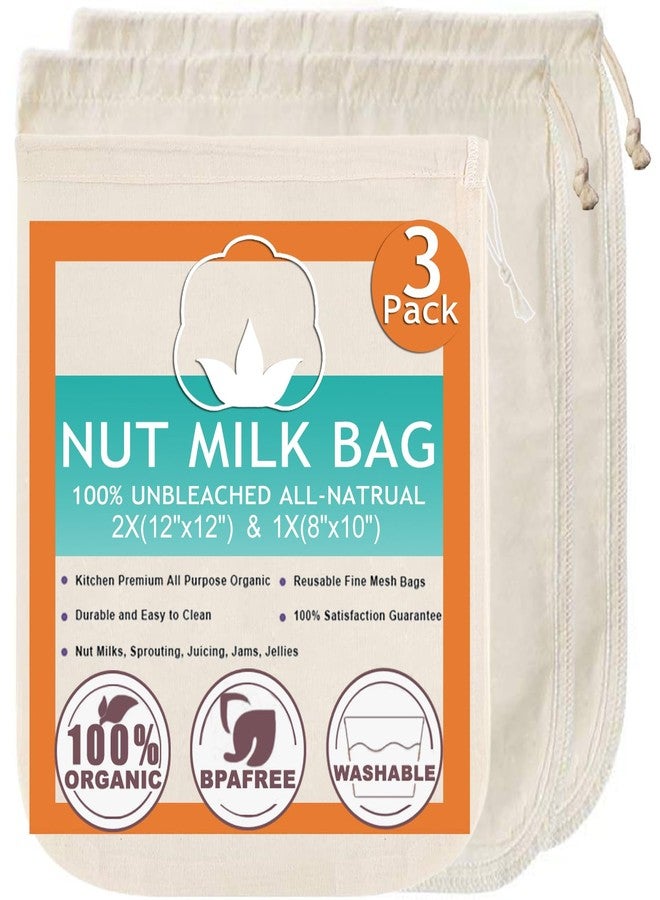 Chain Nut Milk Bag Cloth Strainer for Food, 3 Pack 12" (2 of 12"X12" + 1 of 10") Organic Reusable Kitchen Premium Fine Mesh Cheesecloth, Sprouting, Juicing - Image 1