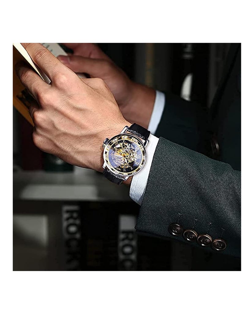 Captaintech Luxury Automatic Mechanical Watches for Men, Retro Skeleton Design with Diamond and Floral Carvings, Classic Roman Numerals, Elegant Cutout Rhinestones - Image 1