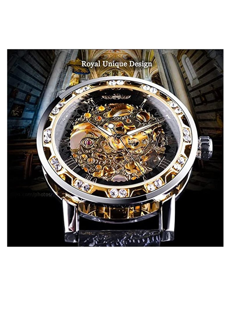 Captaintech Luxury Automatic Mechanical Watches for Men, Retro Skeleton Design with Diamond and Floral Carvings, Classic Roman Numerals, Elegant Cutout Rhinestones - Image 2