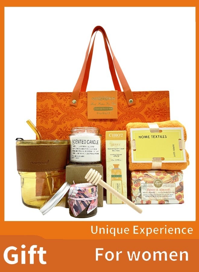 ARNOTEC Orange-Themed Luxury Gift Set for Women – Relaxing Aromatherapy Spa Gift Box with Scented Candles, Honey, Soap, Hand Cream, Glass Water Cup & Towel, Perfect for Birthday, Christmas, Valentine’s Day, Mother’s Day, Thanksgiving, Anniversary & Holidays - Image 5