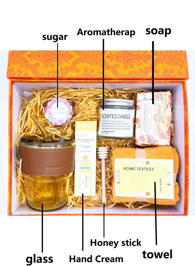 ARNOTEC Orange-Themed Luxury Gift Set for Women – Relaxing Aromatherapy Spa Gift Box with Scented Candles, Honey, Soap, Hand Cream, Glass Water Cup & Towel, Perfect for Birthday, Christmas, Valentine’s Day, Mother’s Day, Thanksgiving, Anniversary & Holidays - Image 3