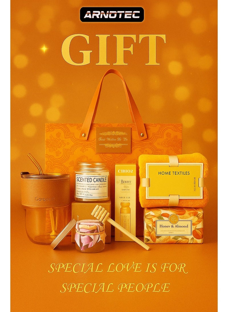 ARNOTEC Orange-Themed Luxury Gift Set for Women – Relaxing Aromatherapy Spa Gift Box with Scented Candles, Honey, Soap, Hand Cream, Glass Water Cup & Towel, Perfect for Birthday, Christmas, Valentine’s Day, Mother’s Day, Thanksgiving, Anniversary & Holidays - Image 1