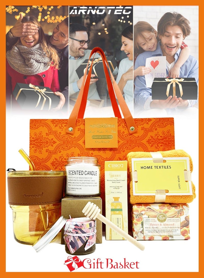 ARNOTEC Orange-Themed Luxury Gift Set for Women – Relaxing Aromatherapy Spa Gift Box with Scented Candles, Honey, Soap, Hand Cream, Glass Water Cup & Towel, Perfect for Birthday, Christmas, Valentine’s Day, Mother’s Day, Thanksgiving, Anniversary & Holidays - Image 2