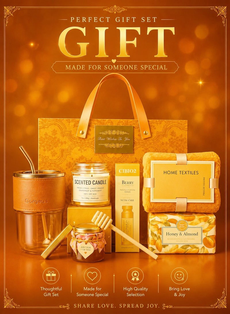 ARNOTEC Orange-Themed Luxury Gift Set for Women – Relaxing Aromatherapy Spa Gift Box with Scented Candle, Honey, Almond Soap, Hand Cream, Glass Cup & Towel, Perfect for Birthday, Christmas, Valentine’s Day, Mother’s Day & Holidays - Image 1