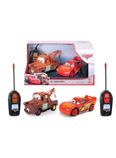 JADA Disney Pixar Cars Lightning McQueen and Mater Remote Controlled Twin Pack, 1:32 Scale, Red/Brown