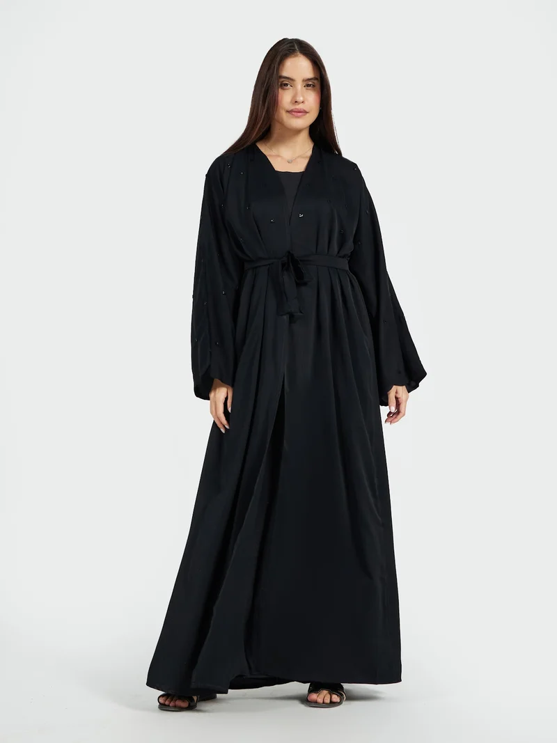 Reem Abayas Minimalist Black Belted Abaya with Subtle Beadwork