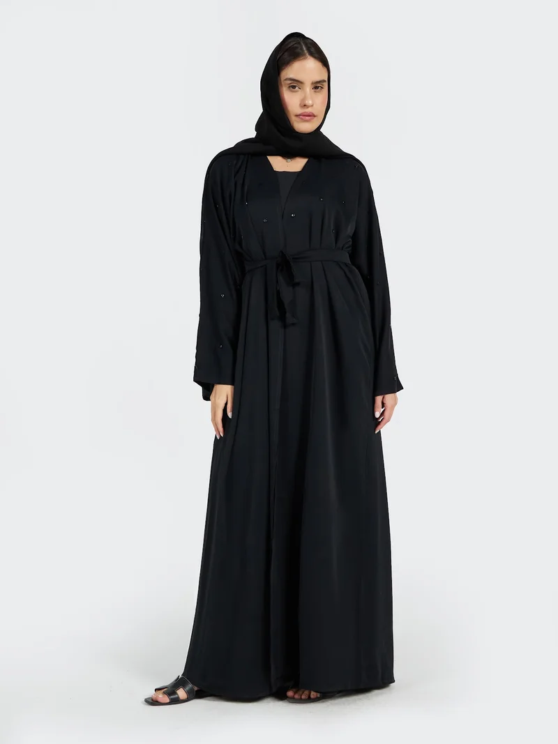 Reem Abayas Minimalist Black Belted Abaya with Subtle Beadwork