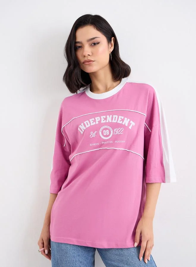 Styli Styli Graphic Print Oversized T-Shirt with Piping Detail