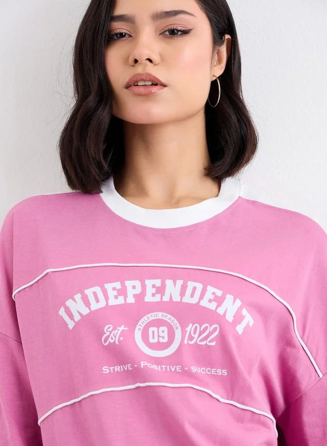 Styli Styli Graphic Print Oversized T-Shirt with Piping Detail