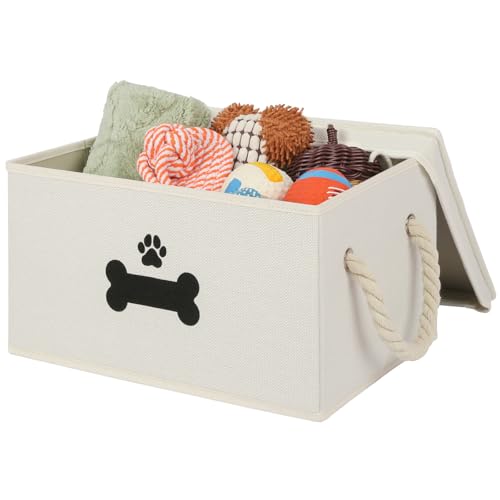 GreenPetopia Dog Toy Basket with Lid Dog Basket for Toys Dogs Toy Box with Cotton Rope Handles Collapsible Storage Bins for Pet Toys Dogs Storage Organizer Beige - Image 1