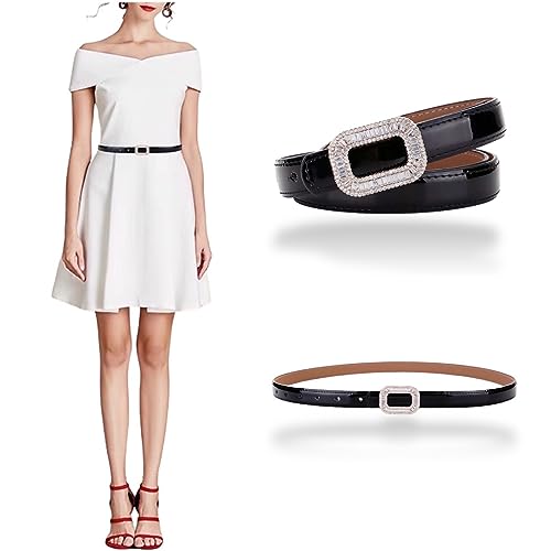 CaserBay Women's Belt Dress Genuine Leather Skinny Patent Leather Belts Gold Rectangle Shiny Rhinestone Buckle Waistband, Black, For Waist 28"- 34", Women Size S-M, 4-6 - Image 1